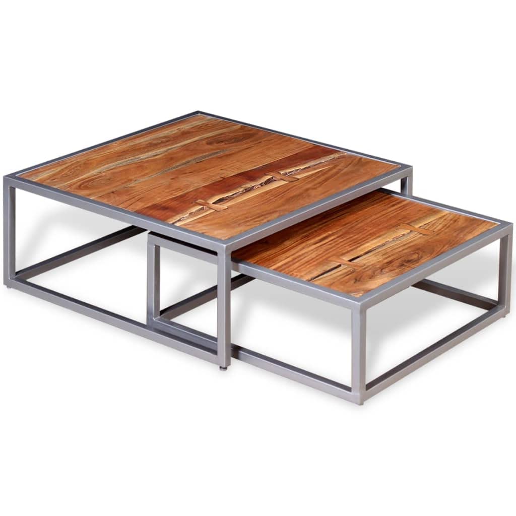Acacia Wood and Steel Coffee Table Set of 2 Brown N783061