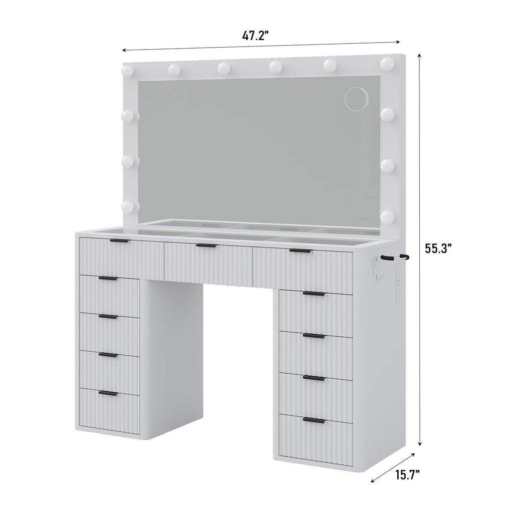 47" White Vanity Desk with 3-Color LED Mirror & 11 Drawers D211087