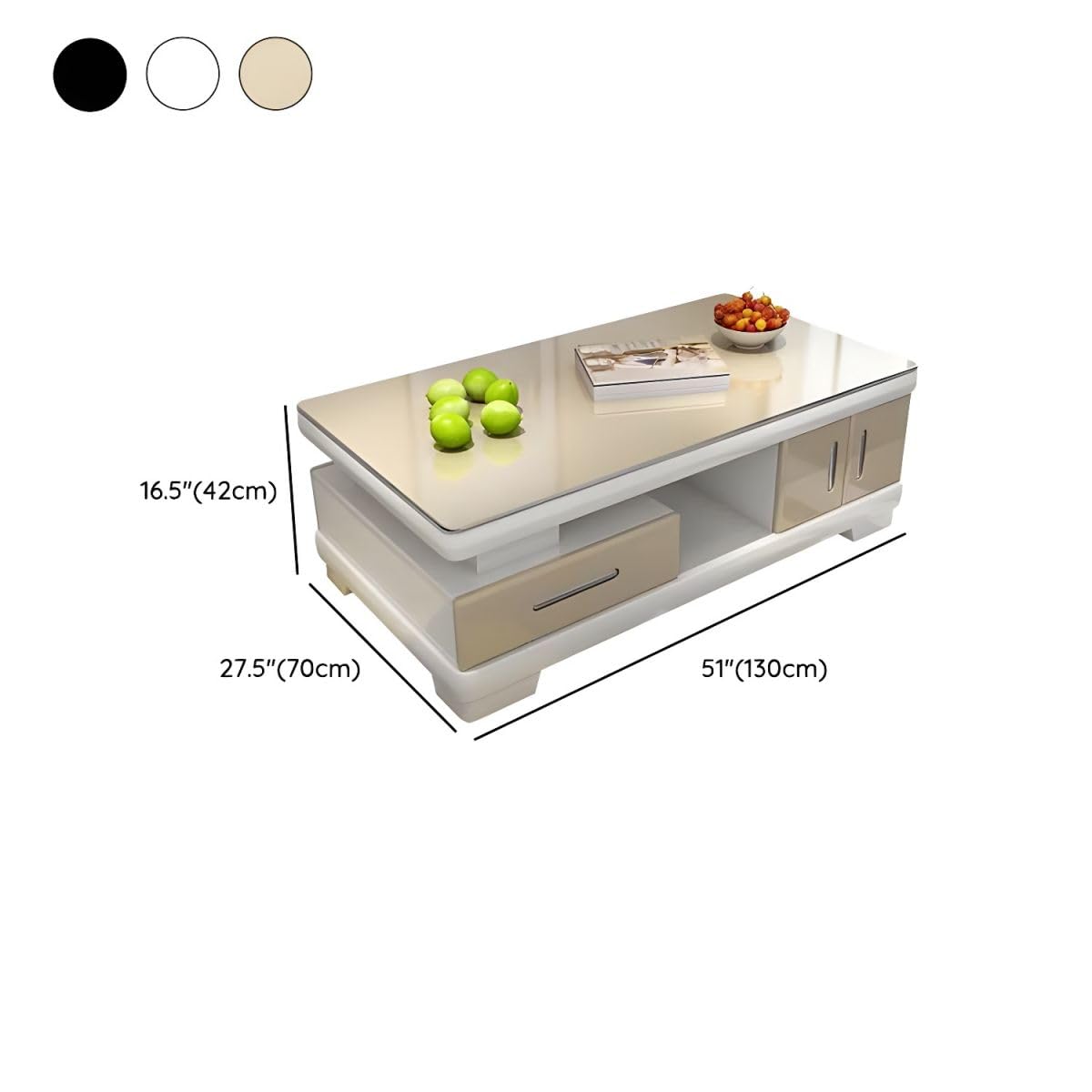 Modern Rectangular Glass Coffee Table with White Wood Base and Storage C22634