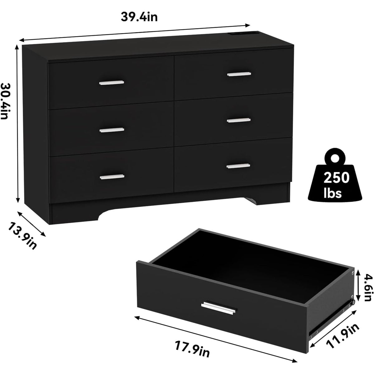 Black 6 Drawer Wood Dresser with Power Outlets H204