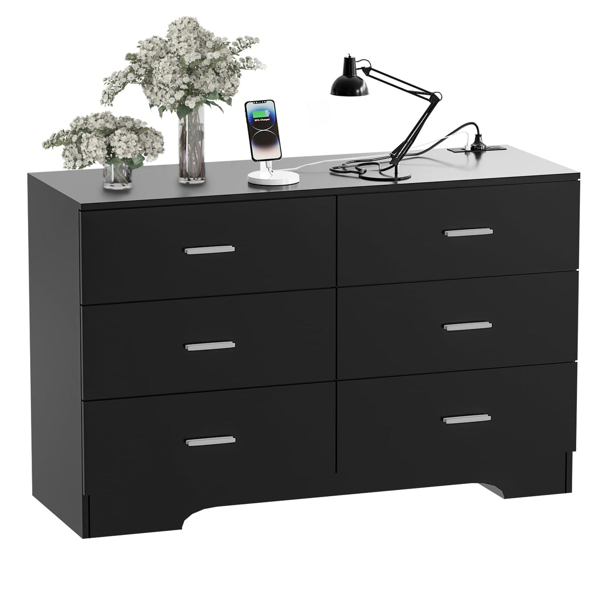 Black 6 Drawer Wood Dresser with Power Outlets H204