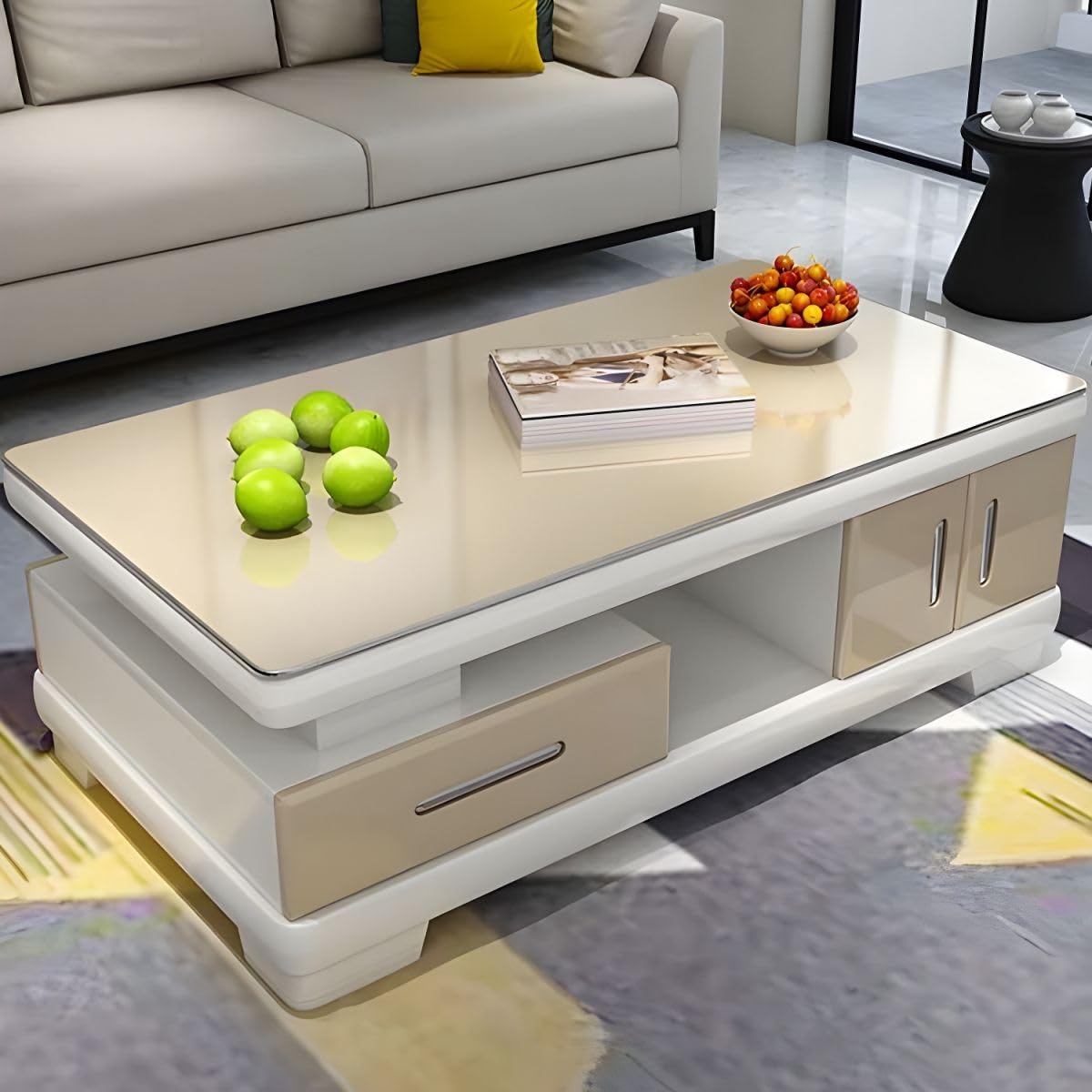 Modern Rectangular Glass Coffee Table with White Wood Base and Storage C22634