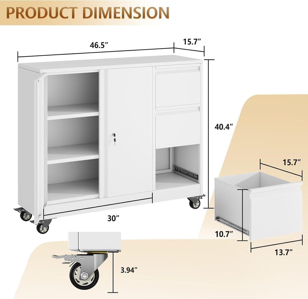 47" H 3 Drawer White Rolling Metal File Cabinet L85817