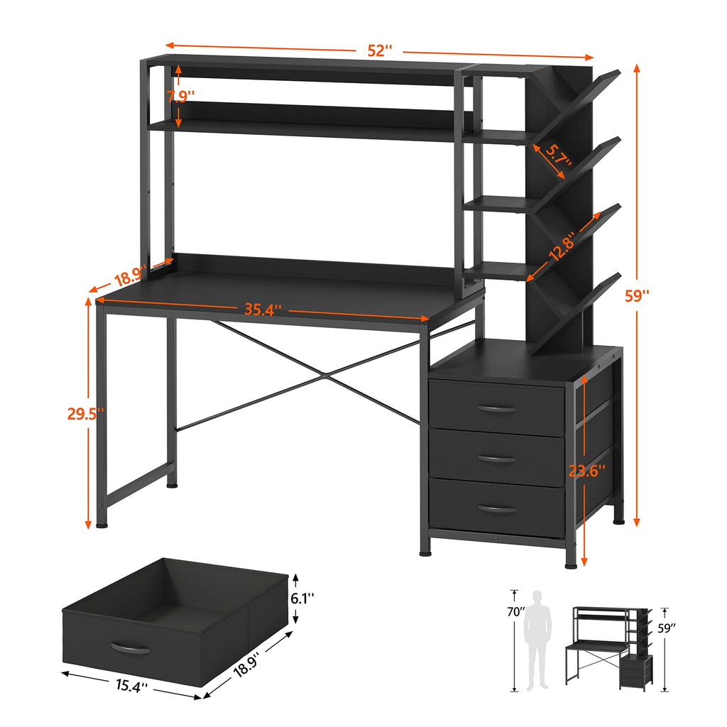 52" Computer Desk with Bookshelf, 3 Drawers & Hutch D2885