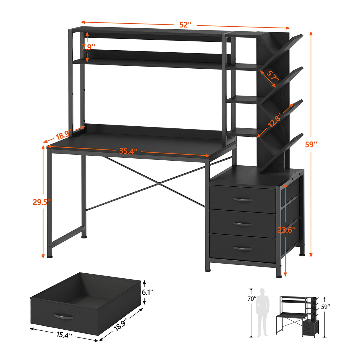 52" Computer Desk with Bookshelf, 3 Drawers & Hutch D2885