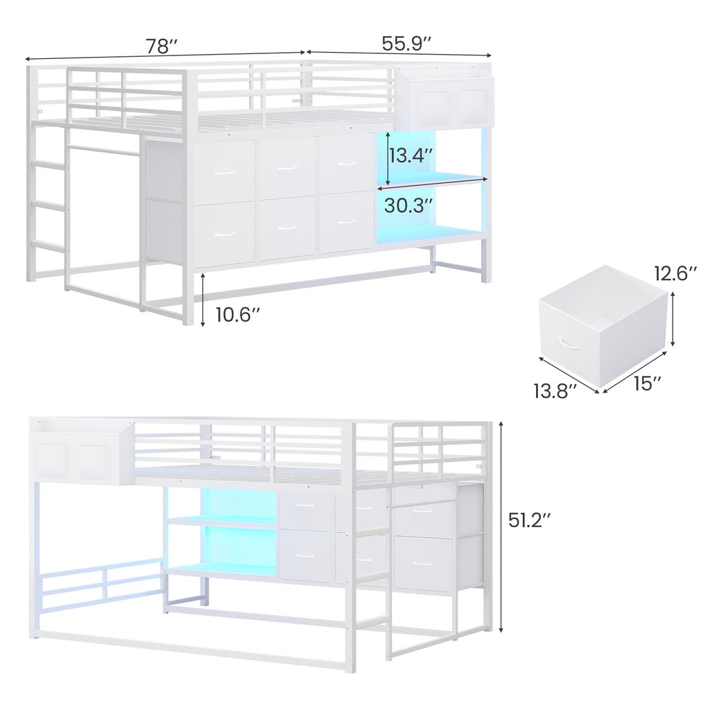 White Full Over Twin Bunk Bed with 6 Drawers and LED Lights S614306