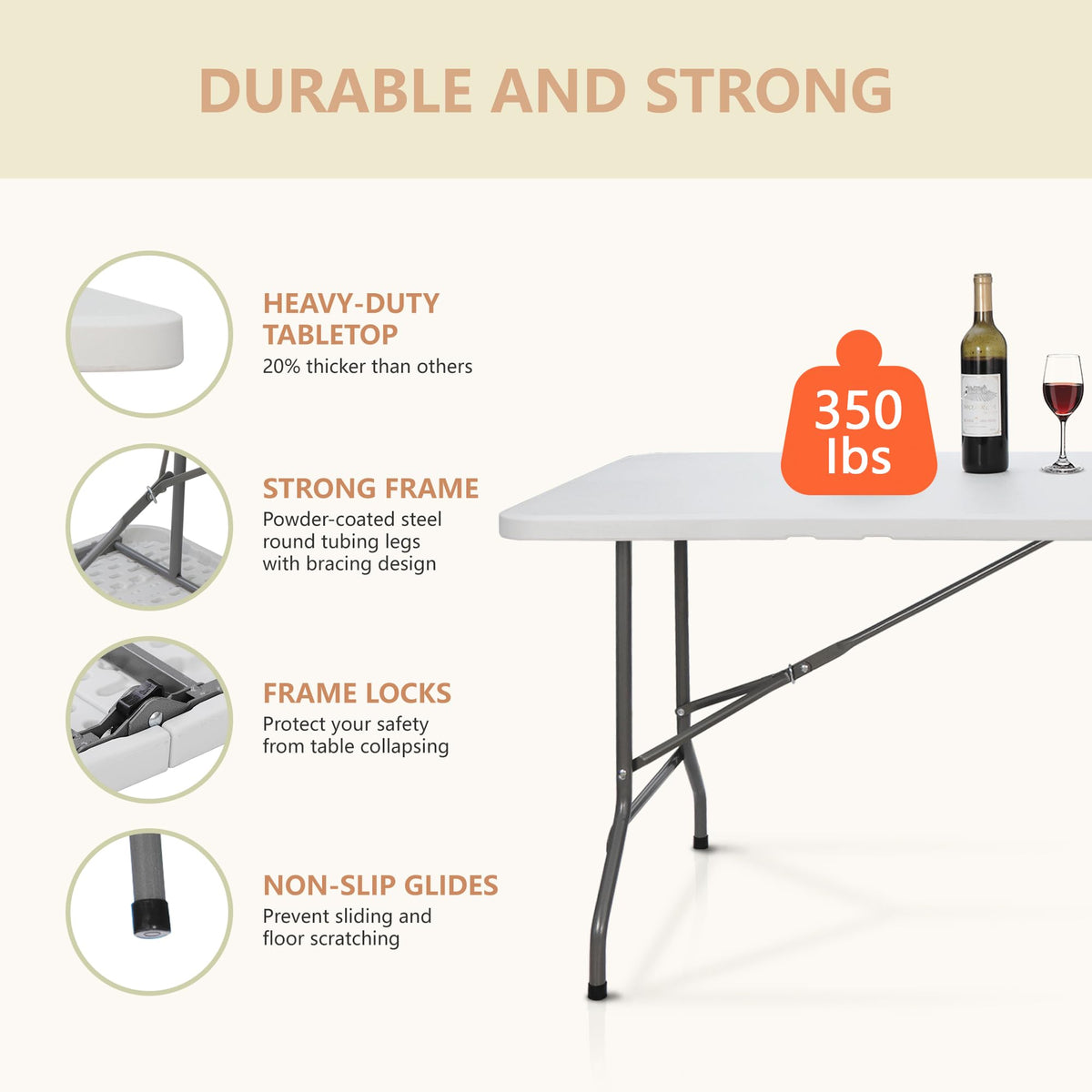 6 ft Heavy Duty Plastic Folding Table with Steel Legs, White T1940
