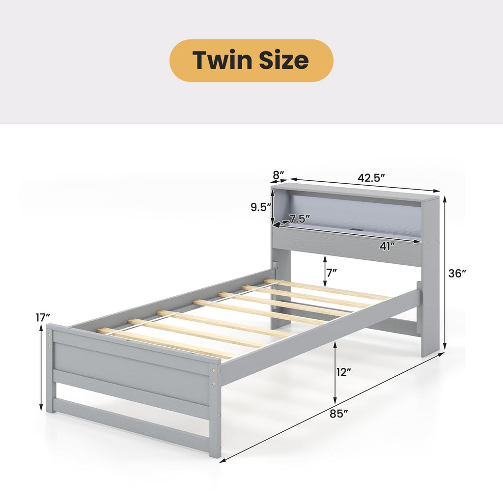 Twin Wood Platform Bed with Storage Headboard and Charging Station P694