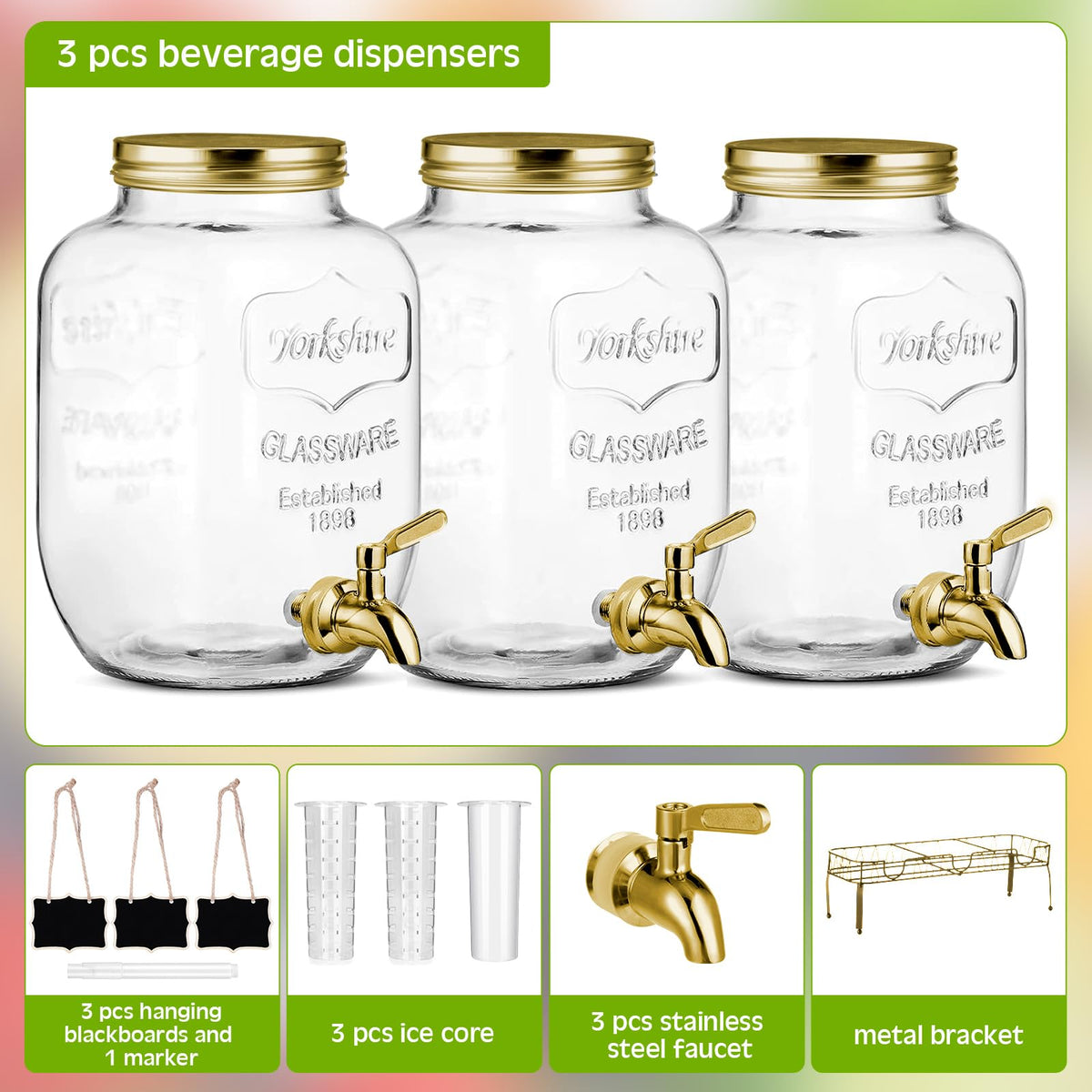 3 Pcs 2.5 Gallon Glass Beverage Dispensers with Stand U873487