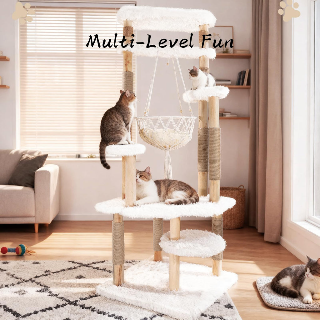 70" Tall Natural Solid Wooden Cat Tree Tower with Scratch Posts T43831