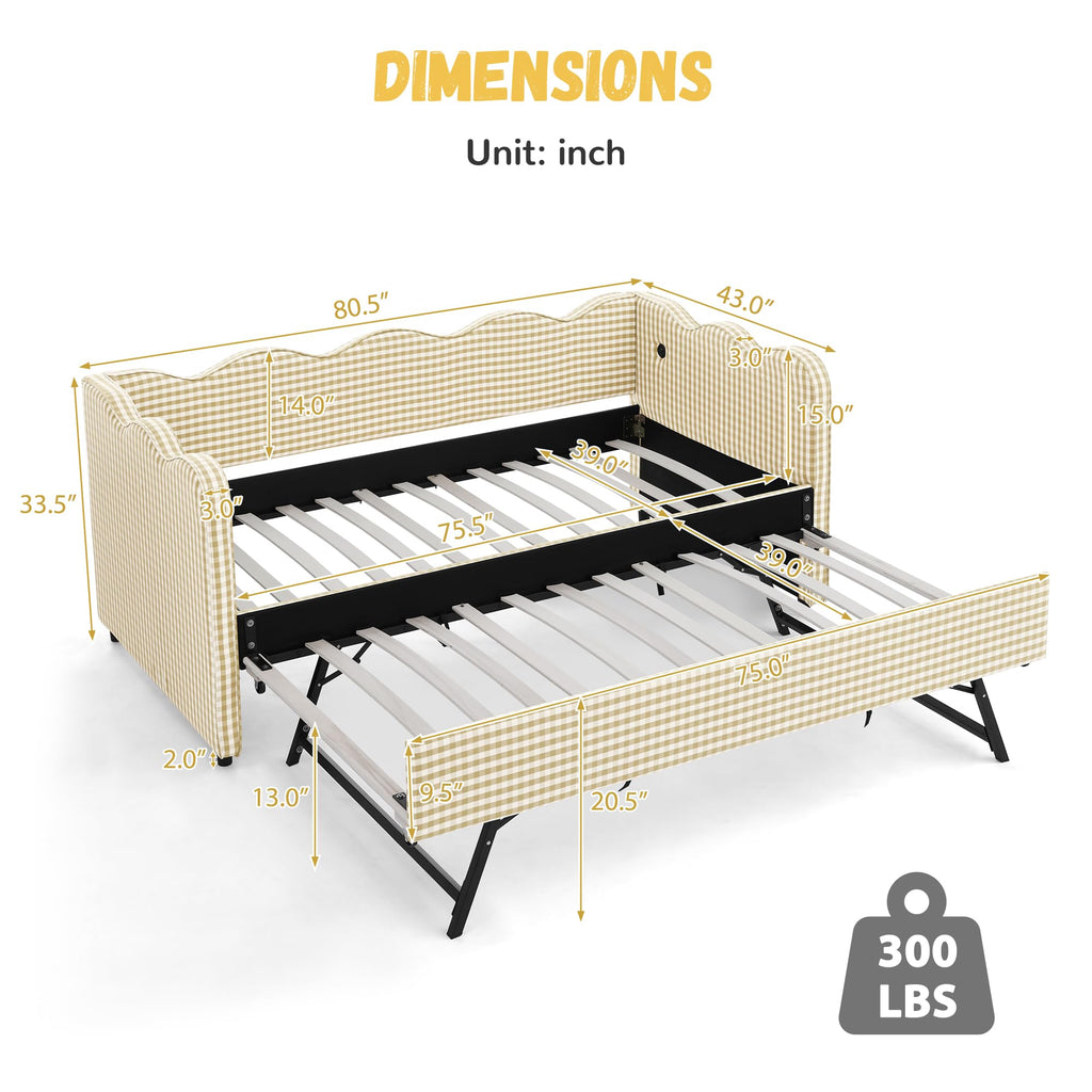 Twin Size Gingham Daybed with Trundle and USB Ports K6766