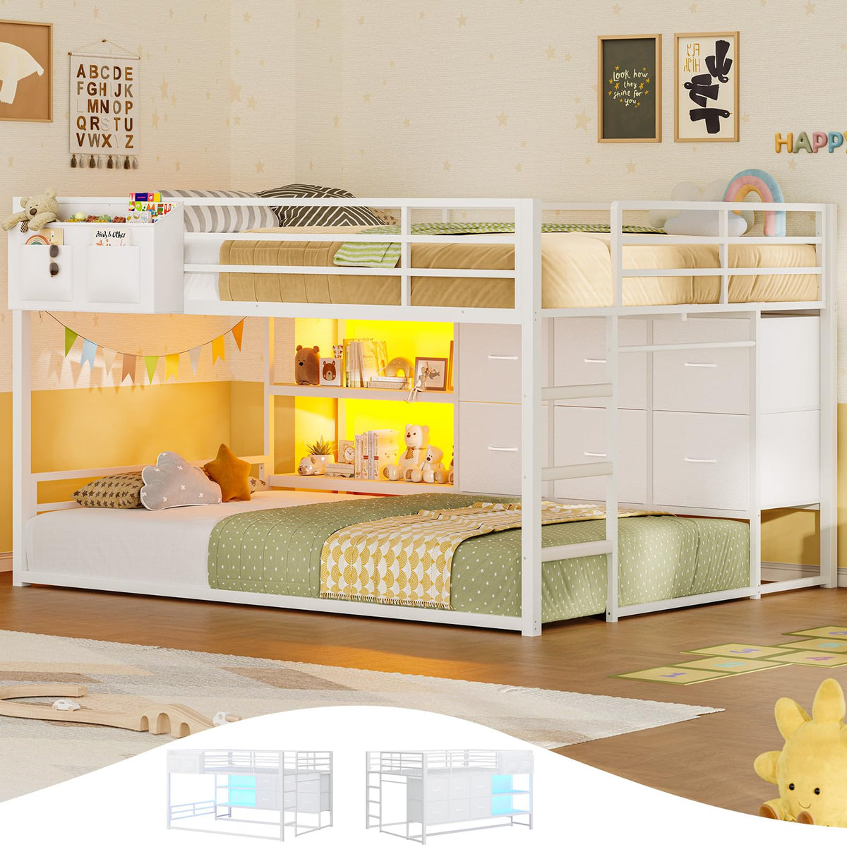 White Full Over Twin Bunk Bed with 6 Drawers and LED Lights S614306
