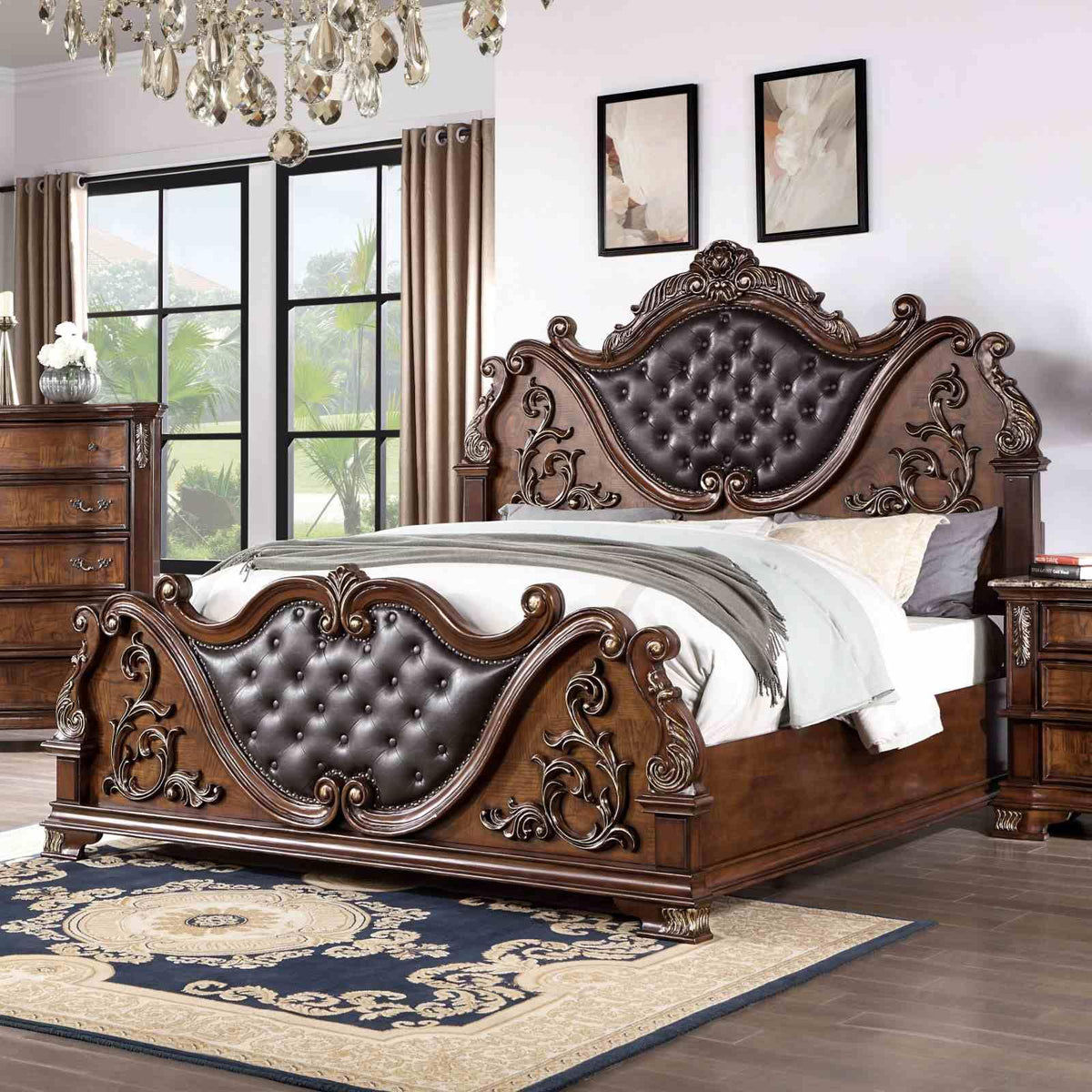 Brown Cherry California King Size Tufted Leatherette Bed F2270