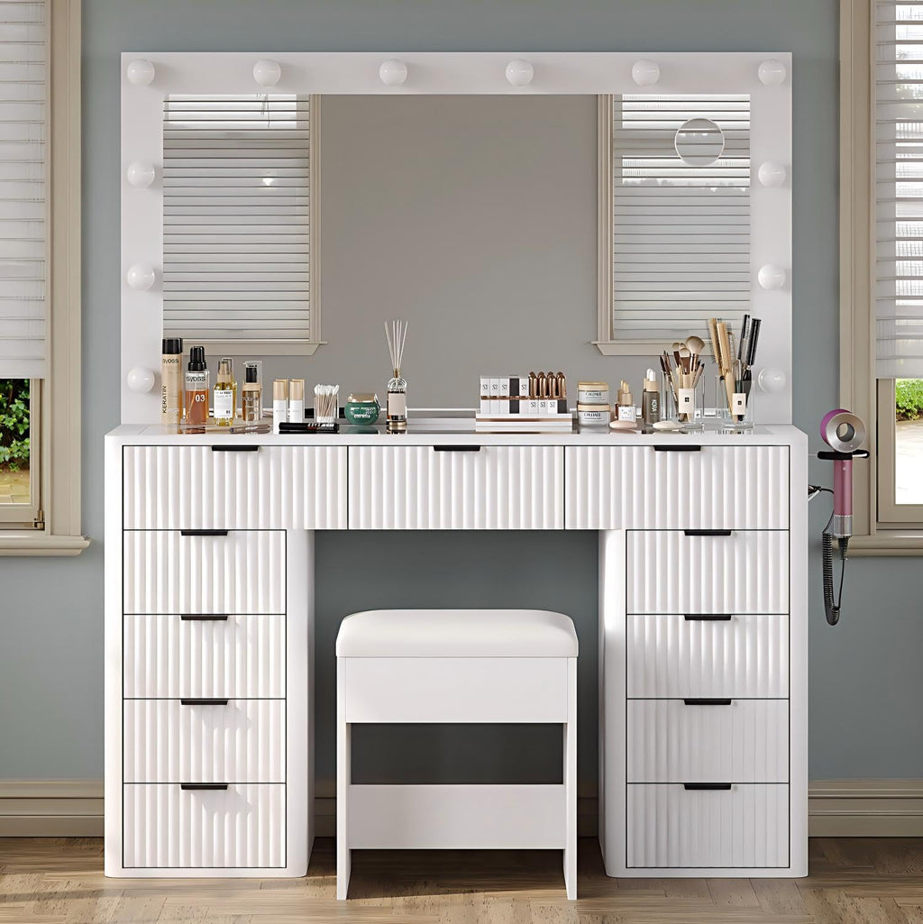 47" White Vanity Desk with 3-Color LED Mirror & 11 Drawers D211087