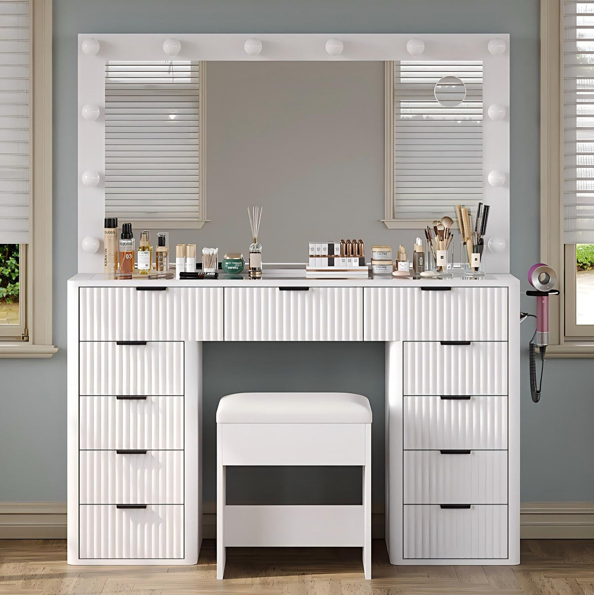 47" White Vanity Desk with 3-Color LED Mirror & 11 Drawers D211087