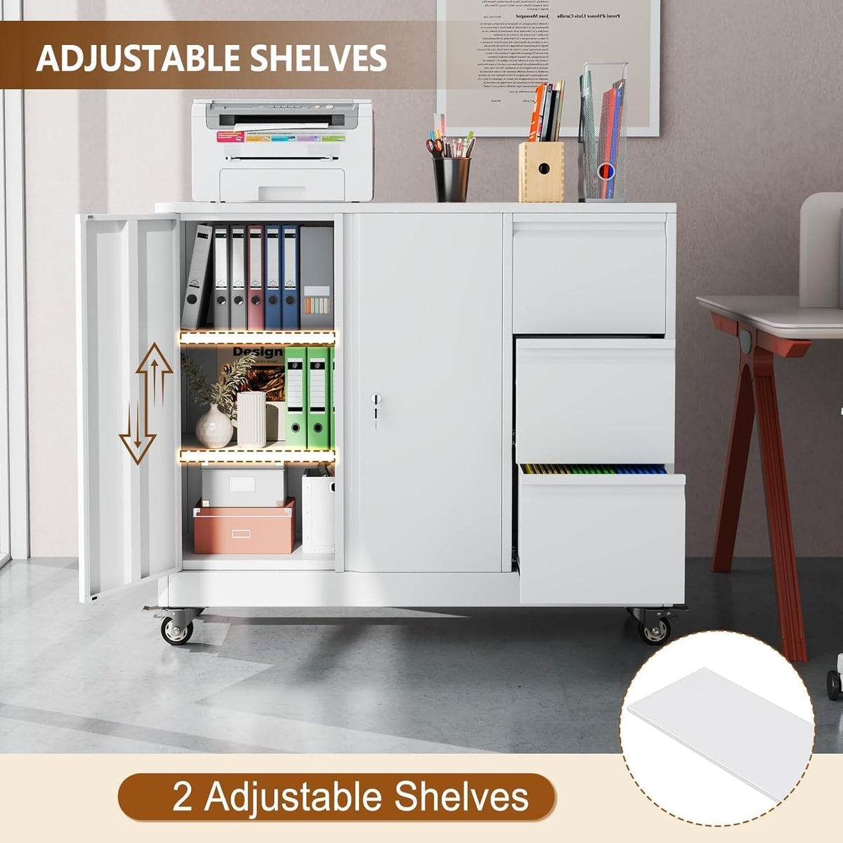 47" H 3 Drawer White Rolling Metal File Cabinet L85817