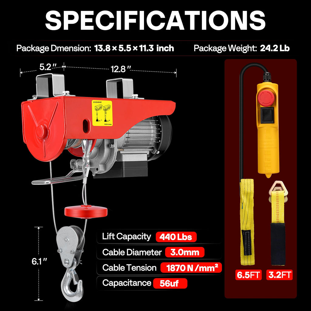 110V 440 Lbs Electric Hoist with Remote Control X123116