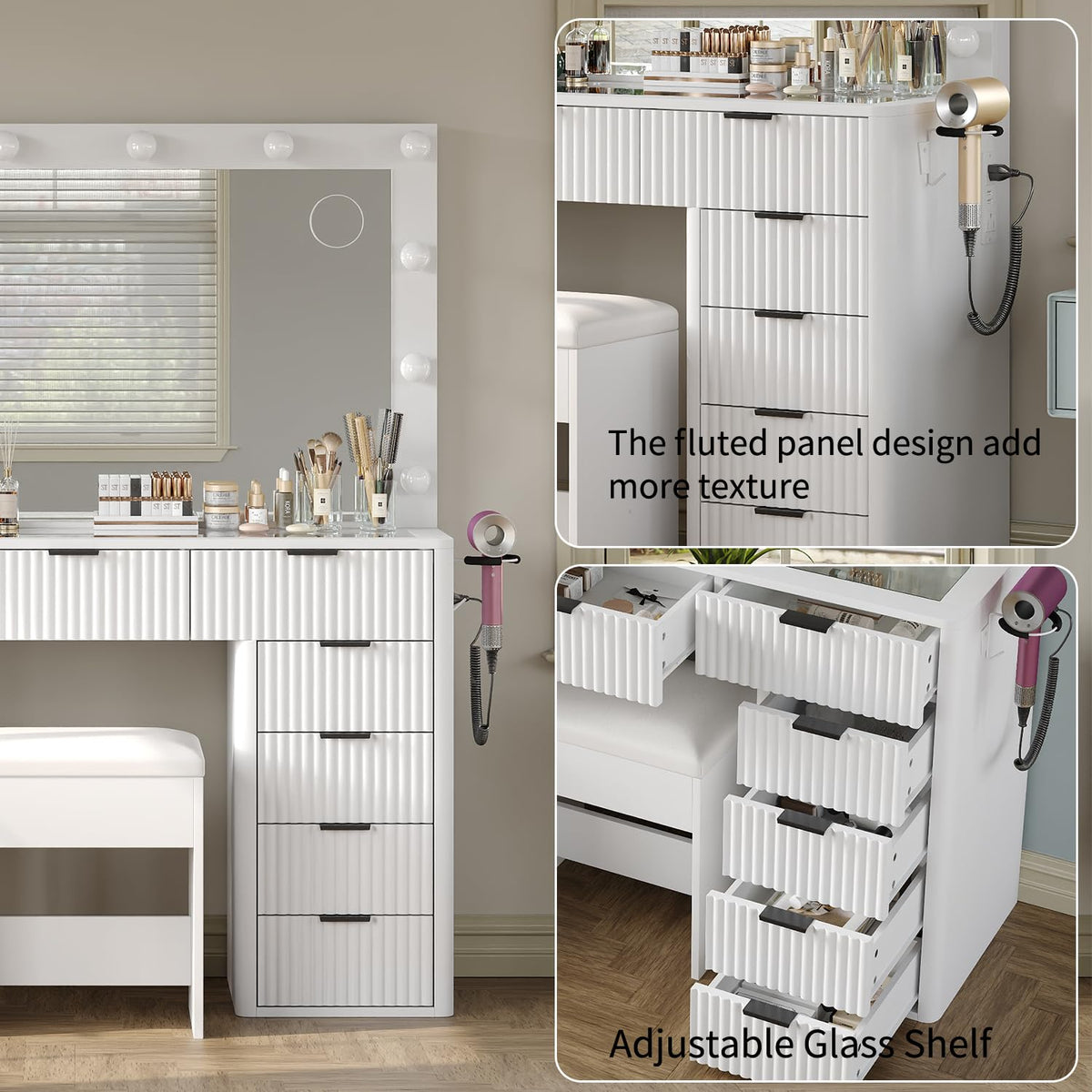 47" White Vanity Desk with 3-Color LED Mirror & 11 Drawers D211087