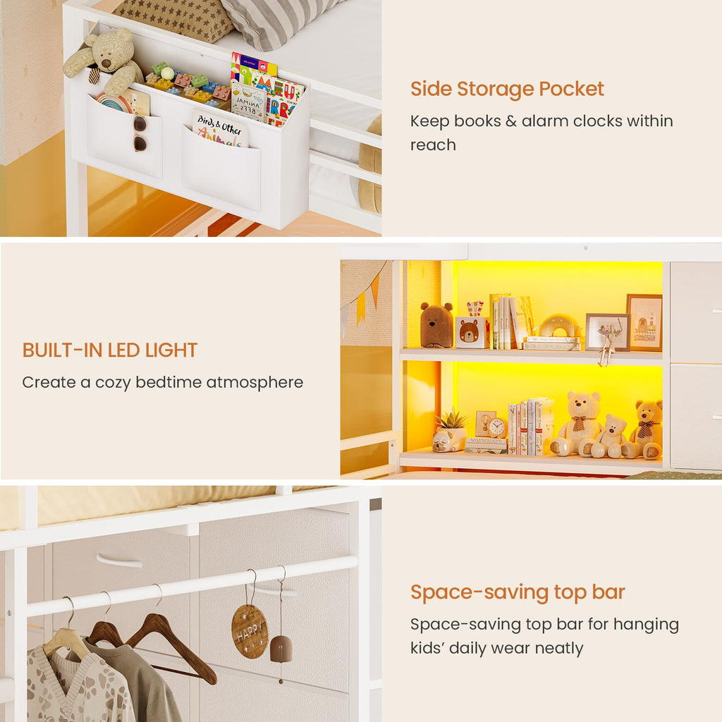 White Full Over Twin Bunk Bed with 6 Drawers and LED Lights S614306