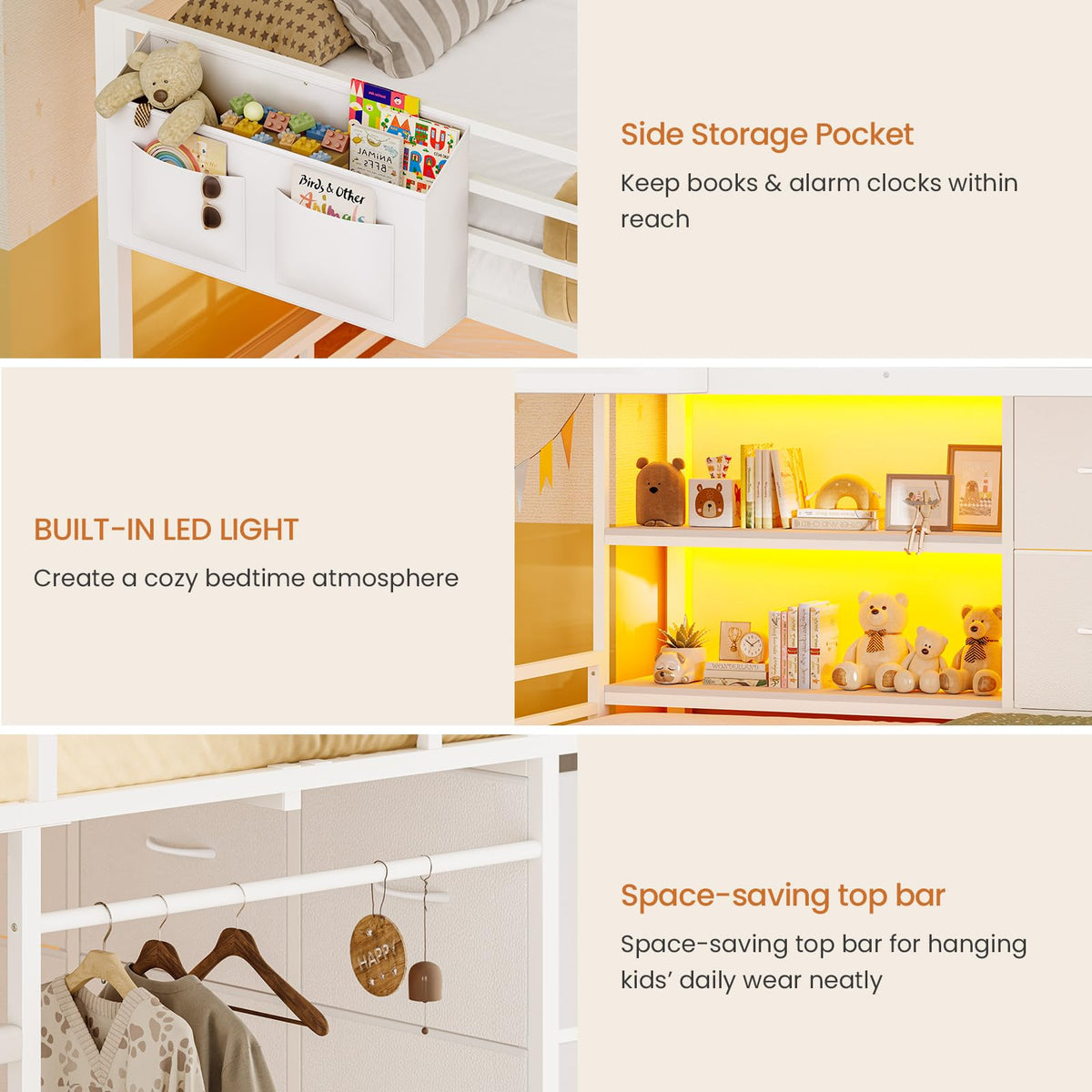 White Full Over Twin Bunk Bed with 6 Drawers and LED Lights S614306