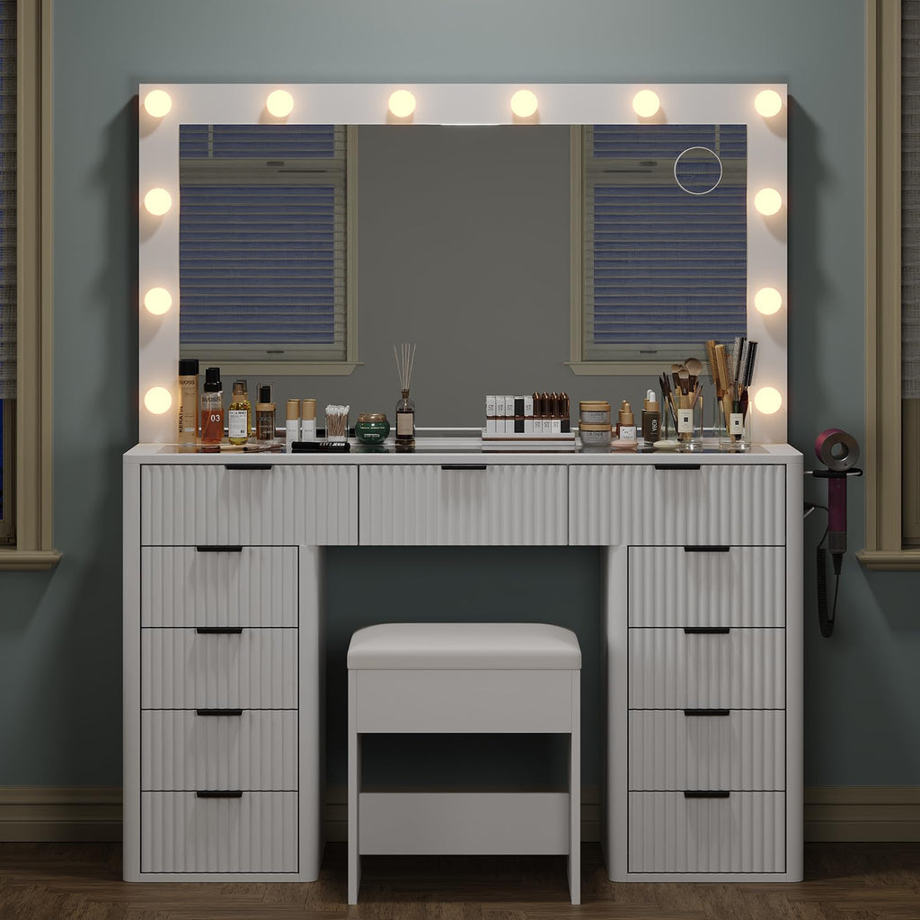 47" White Vanity Desk with 3-Color LED Mirror & 11 Drawers D211087