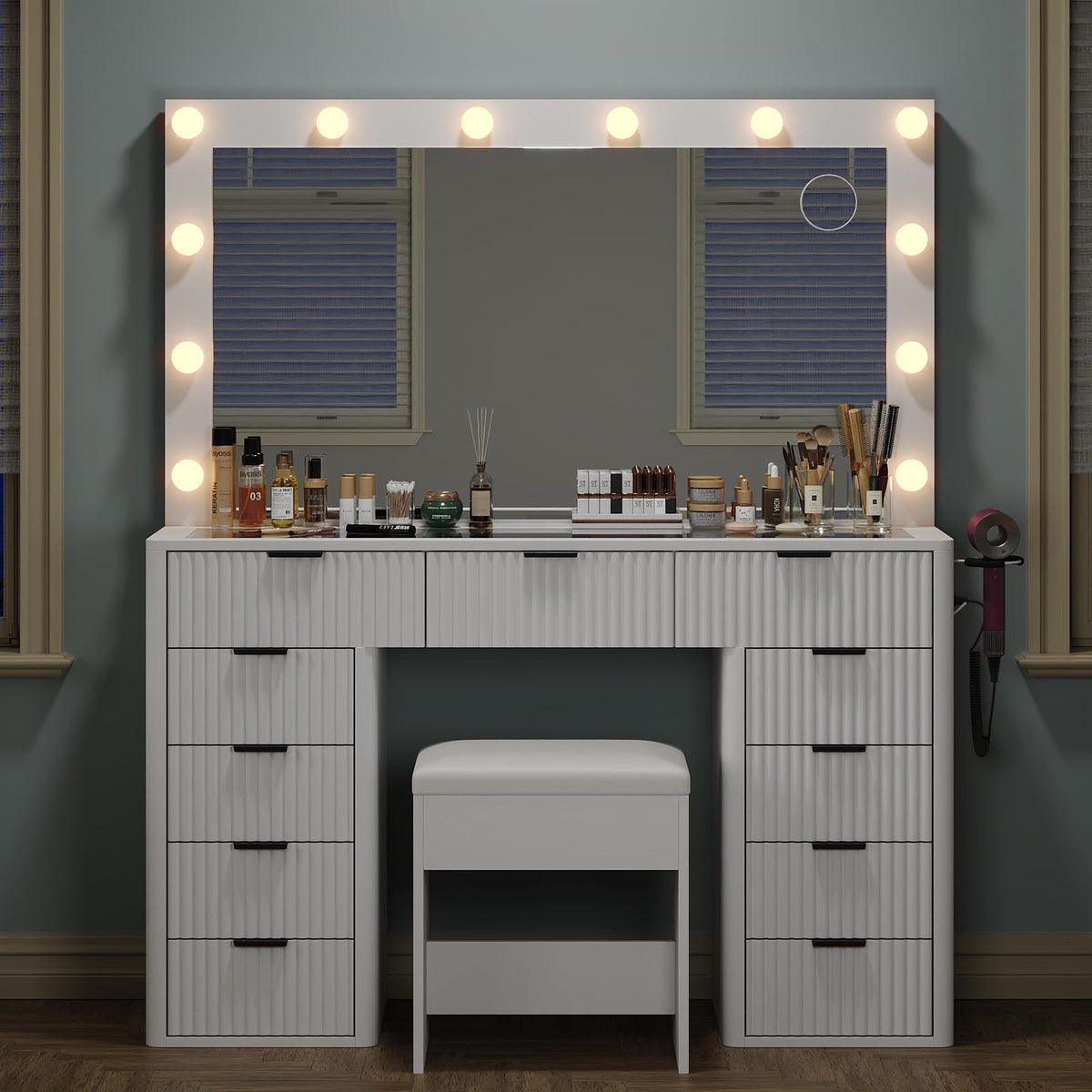 47" White Vanity Desk with 3-Color LED Mirror & 11 Drawers D211087