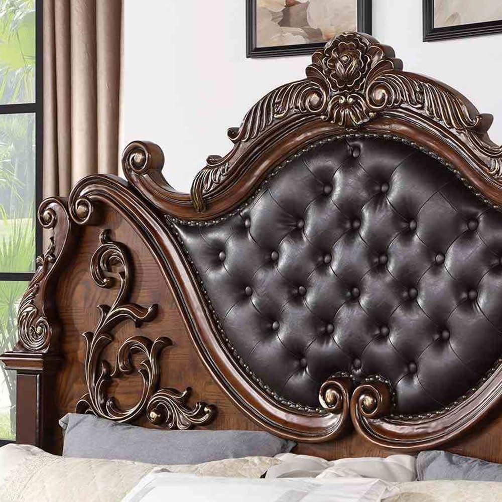 Brown Cherry California King Size Tufted Leatherette Bed F2270