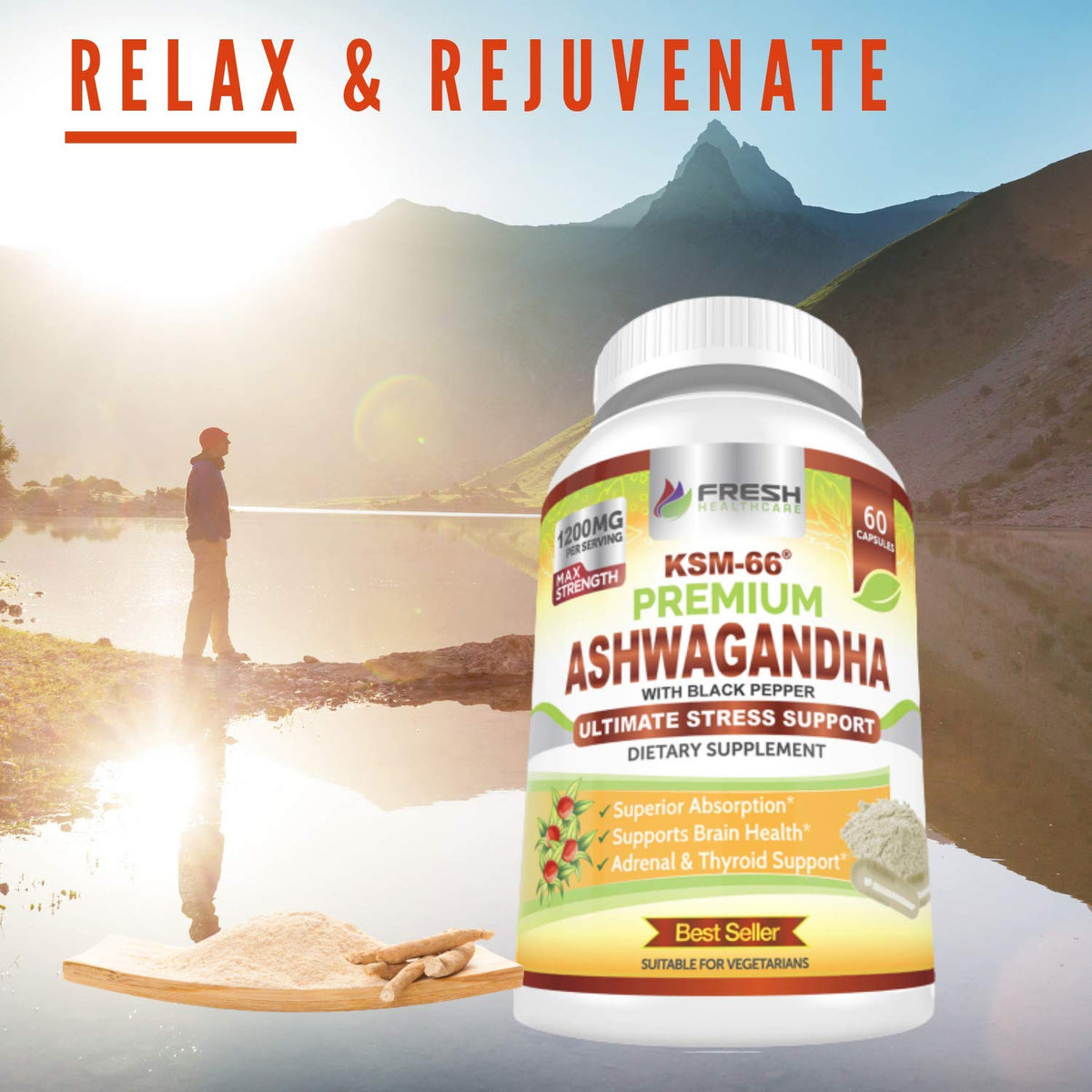 Ashwagandha Capsules 1200mg Root Extract with Black Pepper 60 Vegan Capsules U59705