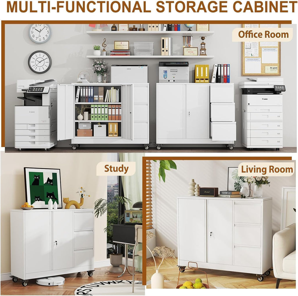 47" H 3 Drawer White Rolling Metal File Cabinet L85817