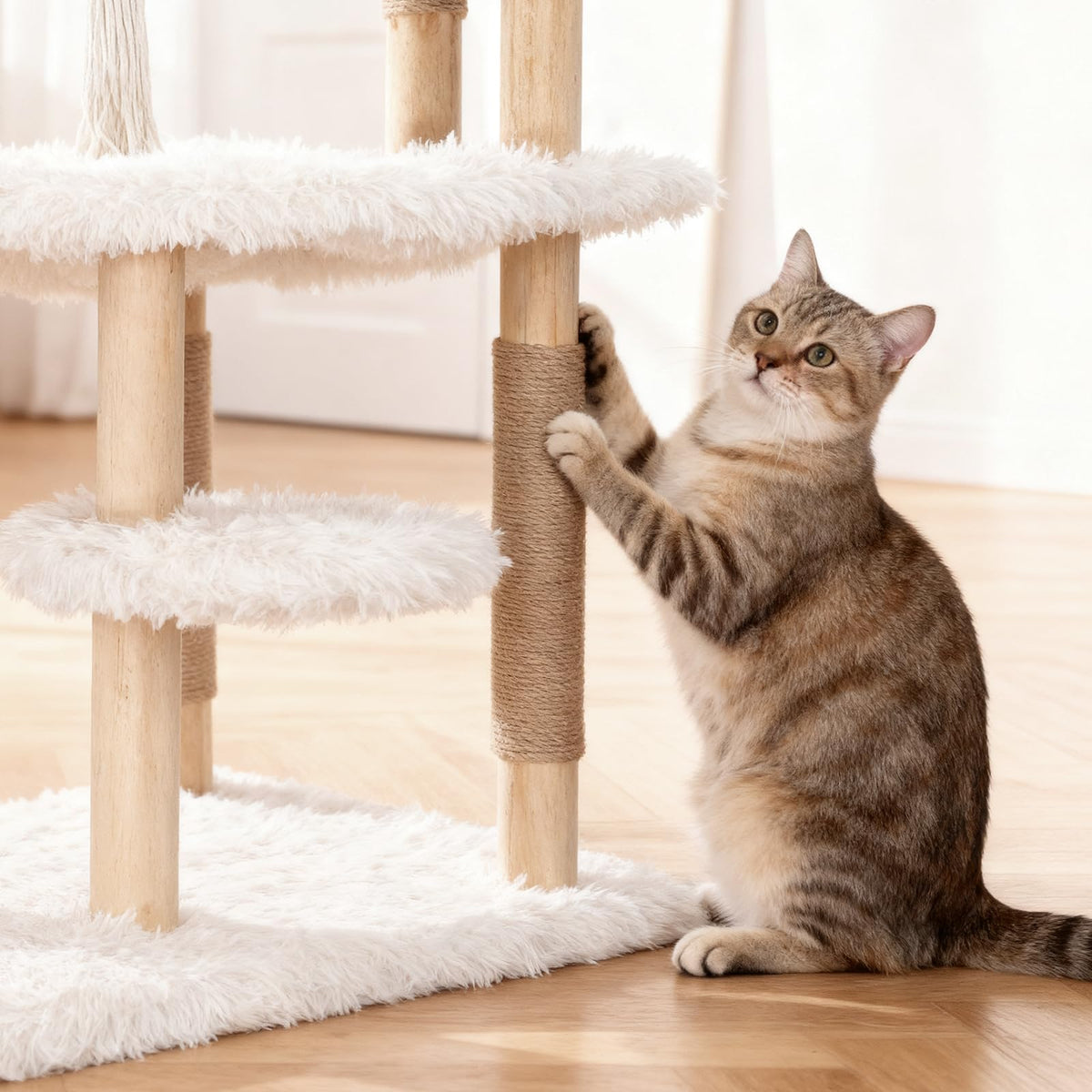70" Tall Natural Solid Wooden Cat Tree Tower with Scratch Posts T43831