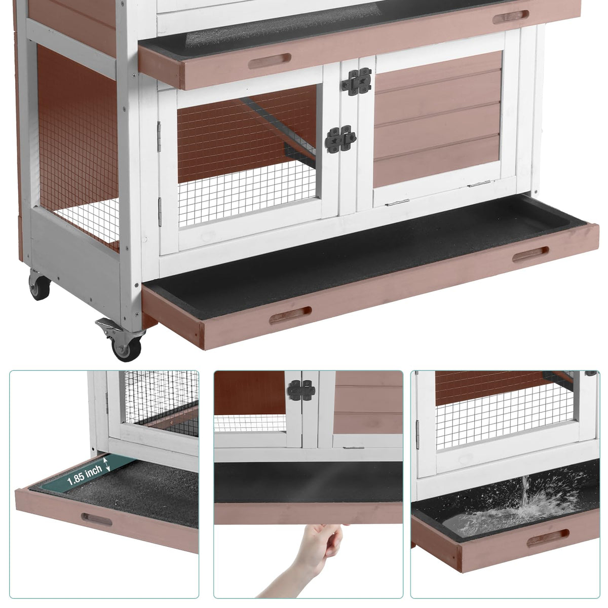 2-Tier Wooden Rabbit Hutch with Trays Wheels 36 Inch J6885