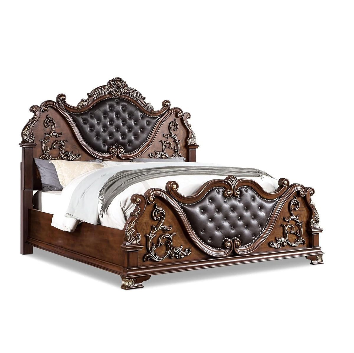 Brown Cherry California King Size Tufted Leatherette Bed F2270