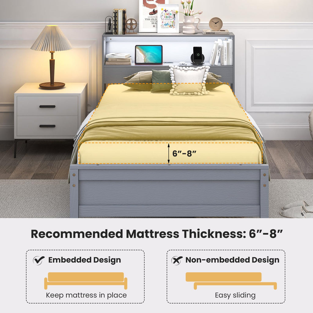 Twin Wood Platform Bed with Storage Headboard and Charging Station P694