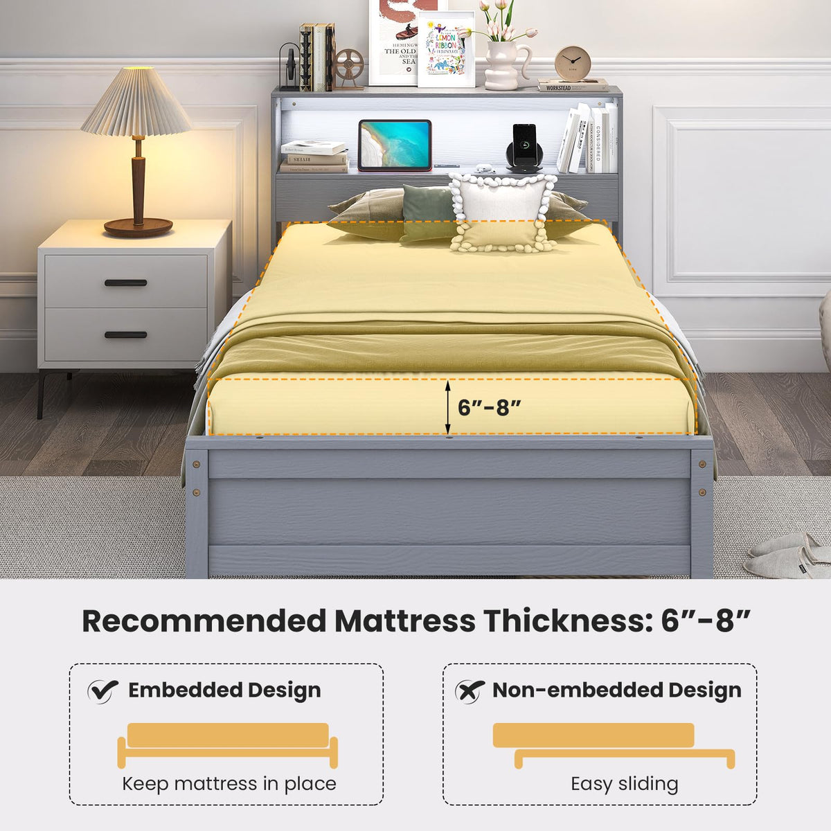Twin Wood Platform Bed with Storage Headboard and Charging Station P694