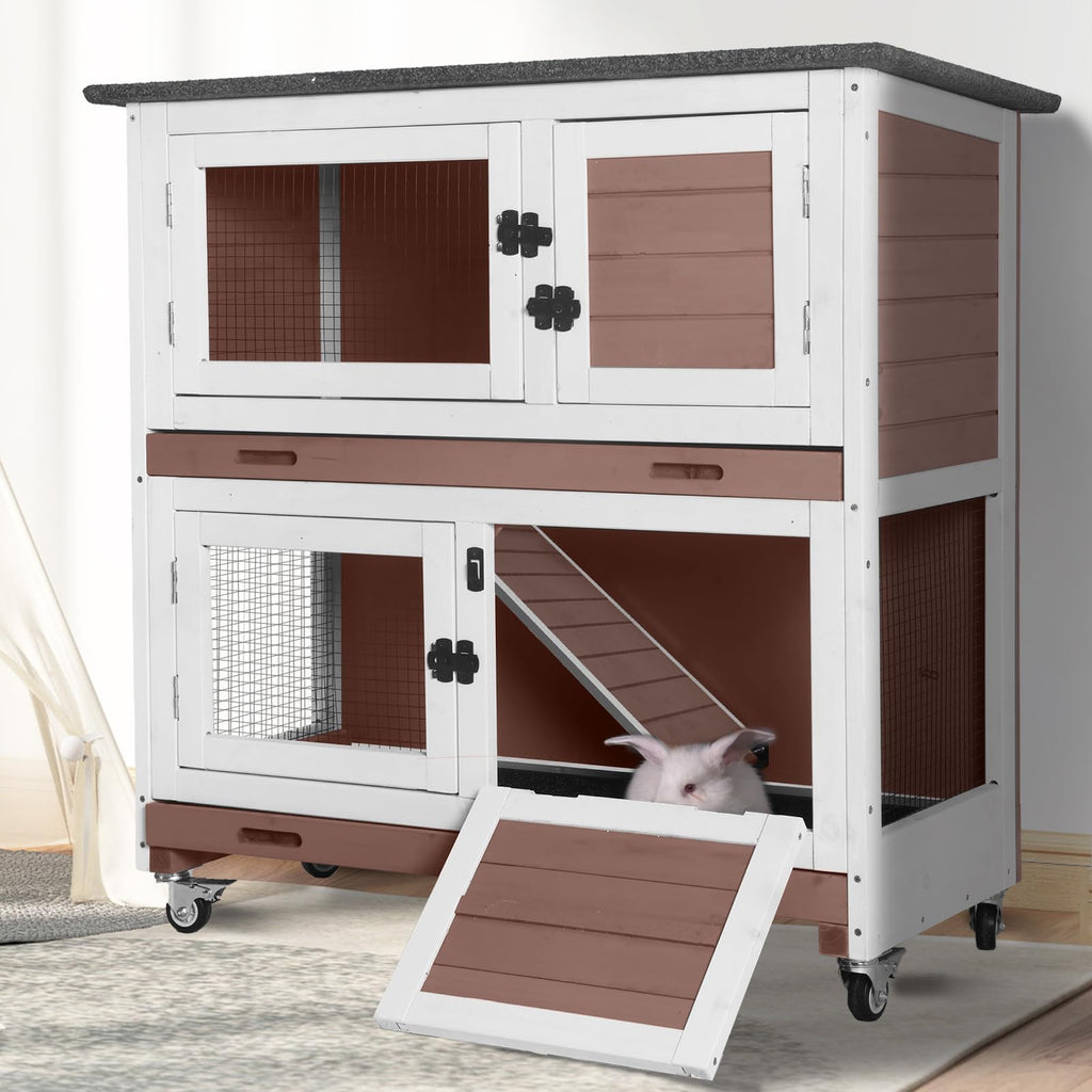 2-Tier Wooden Rabbit Hutch with Trays Wheels 36 Inch J6885