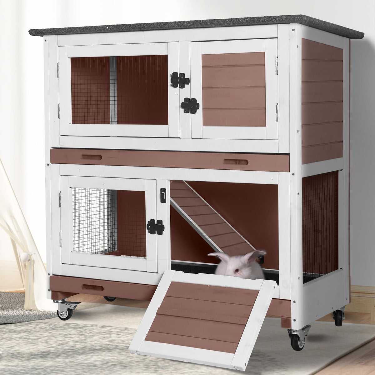 2-Tier Wooden Rabbit Hutch with Trays Wheels 36 Inch J6885