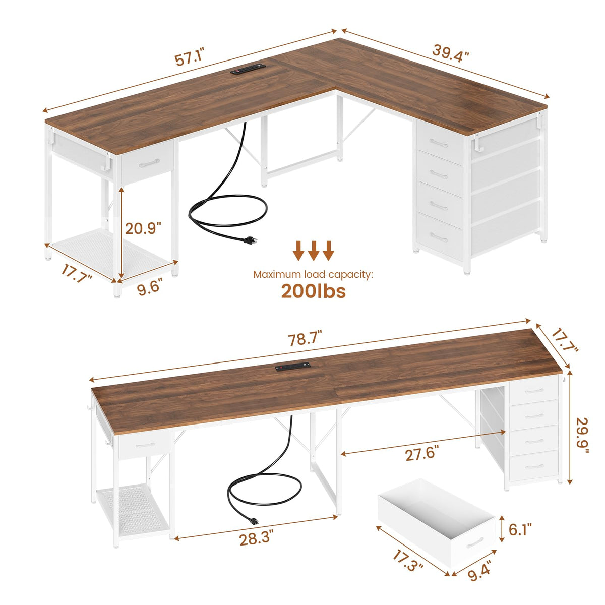 Brown White L Shaped Desk with 5 Drawers X275