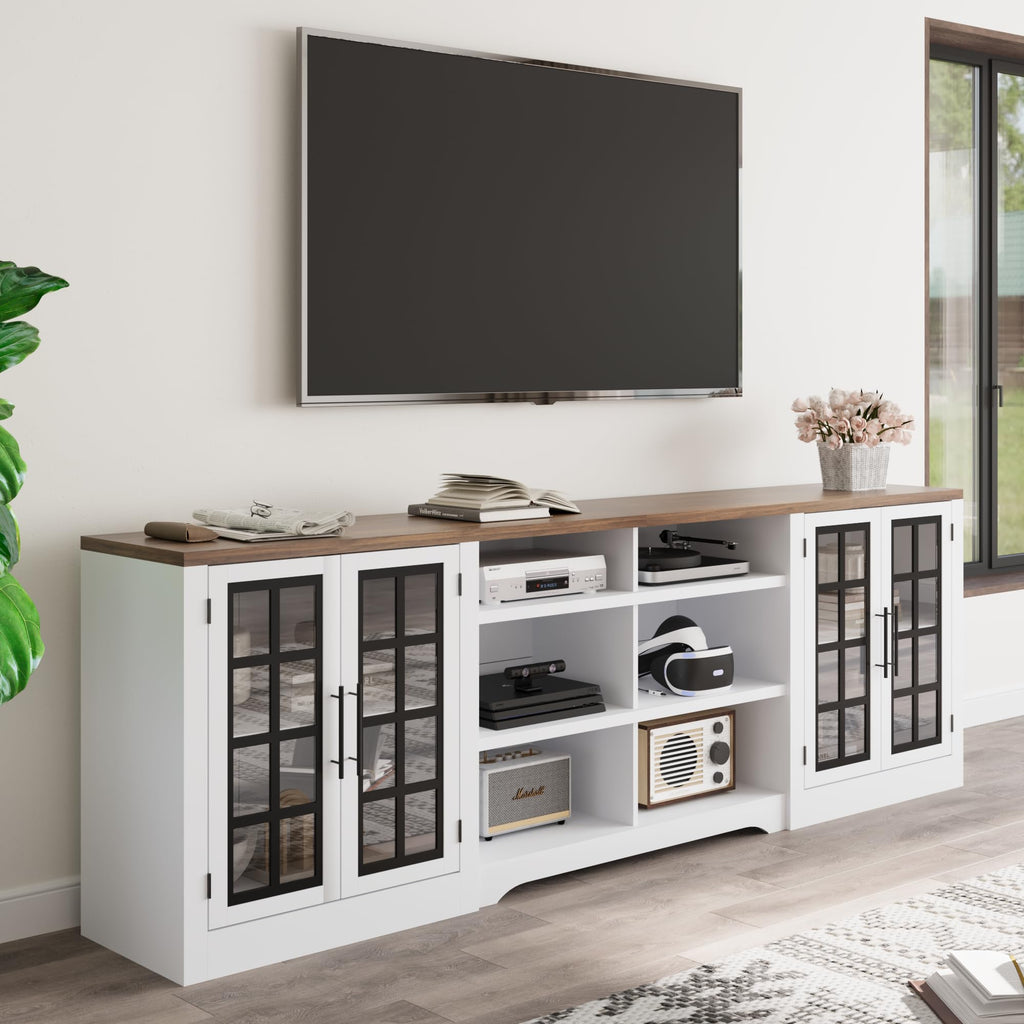 White TV Stand with Storage Cabinet and 3-Tier Open Shelves I990328
