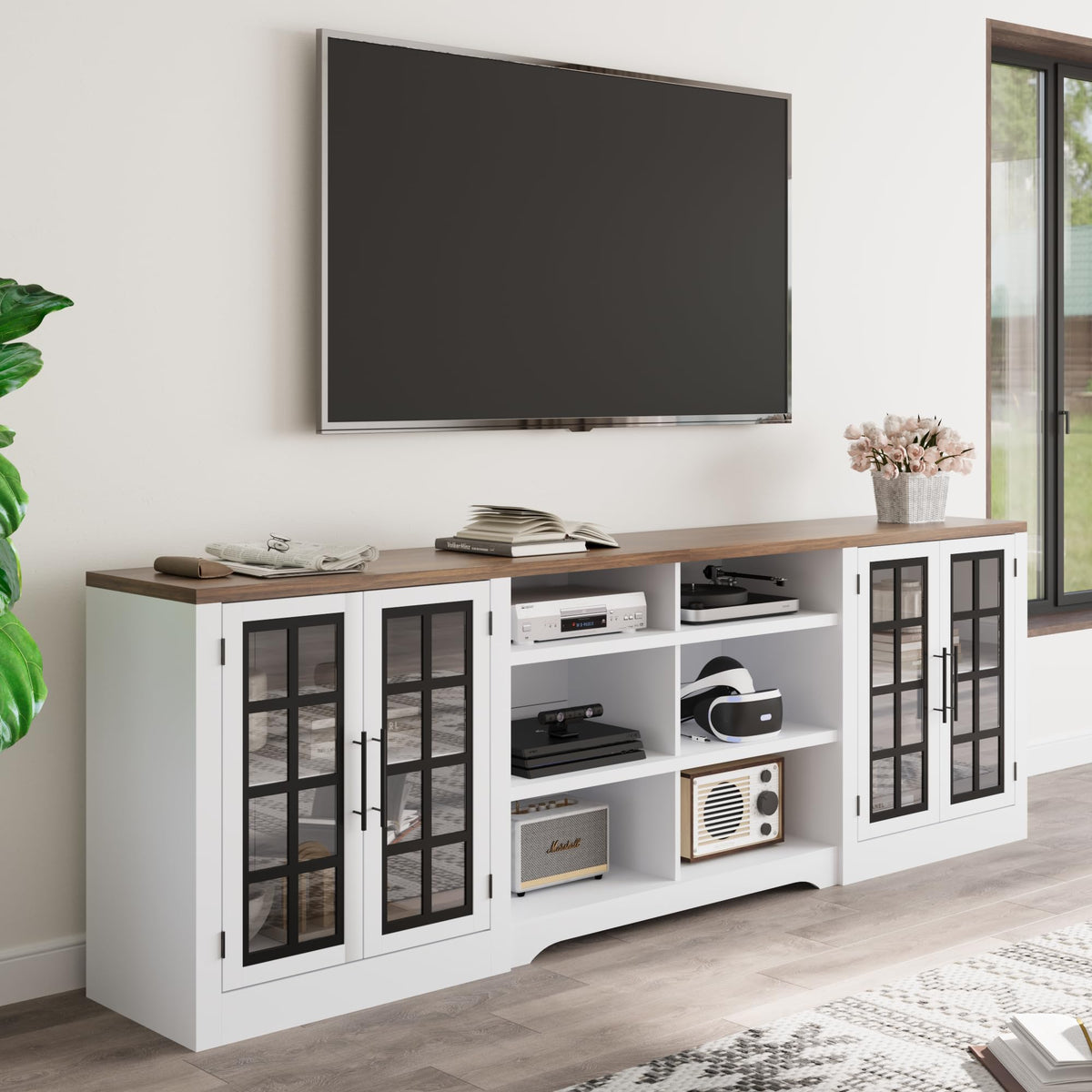 White TV Stand with Storage Cabinet and 3-Tier Open Shelves I990328