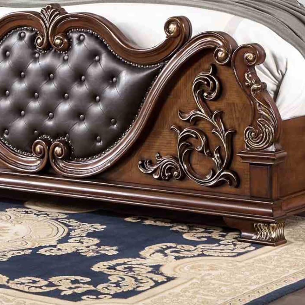 Brown Cherry California King Size Tufted Leatherette Bed F2270