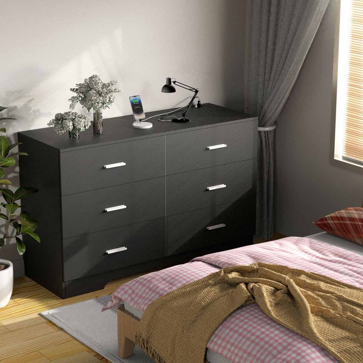 Black 6 Drawer Wood Dresser with Power Outlets H204