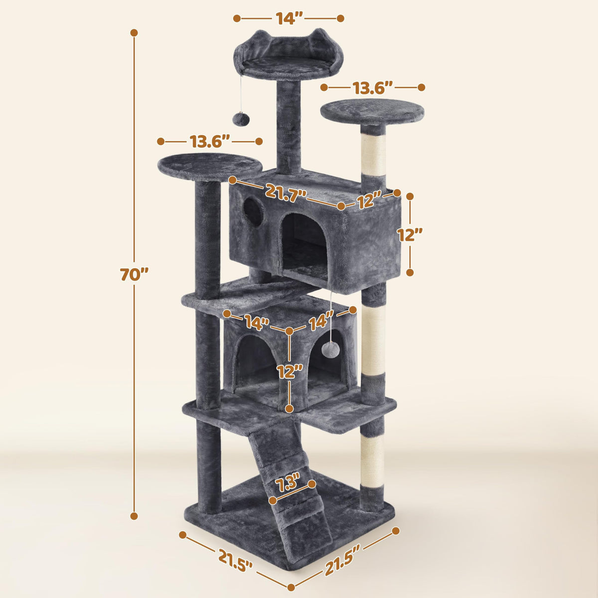70in Multi-Level Cat Tree with Sisal Scratching Posts V6183