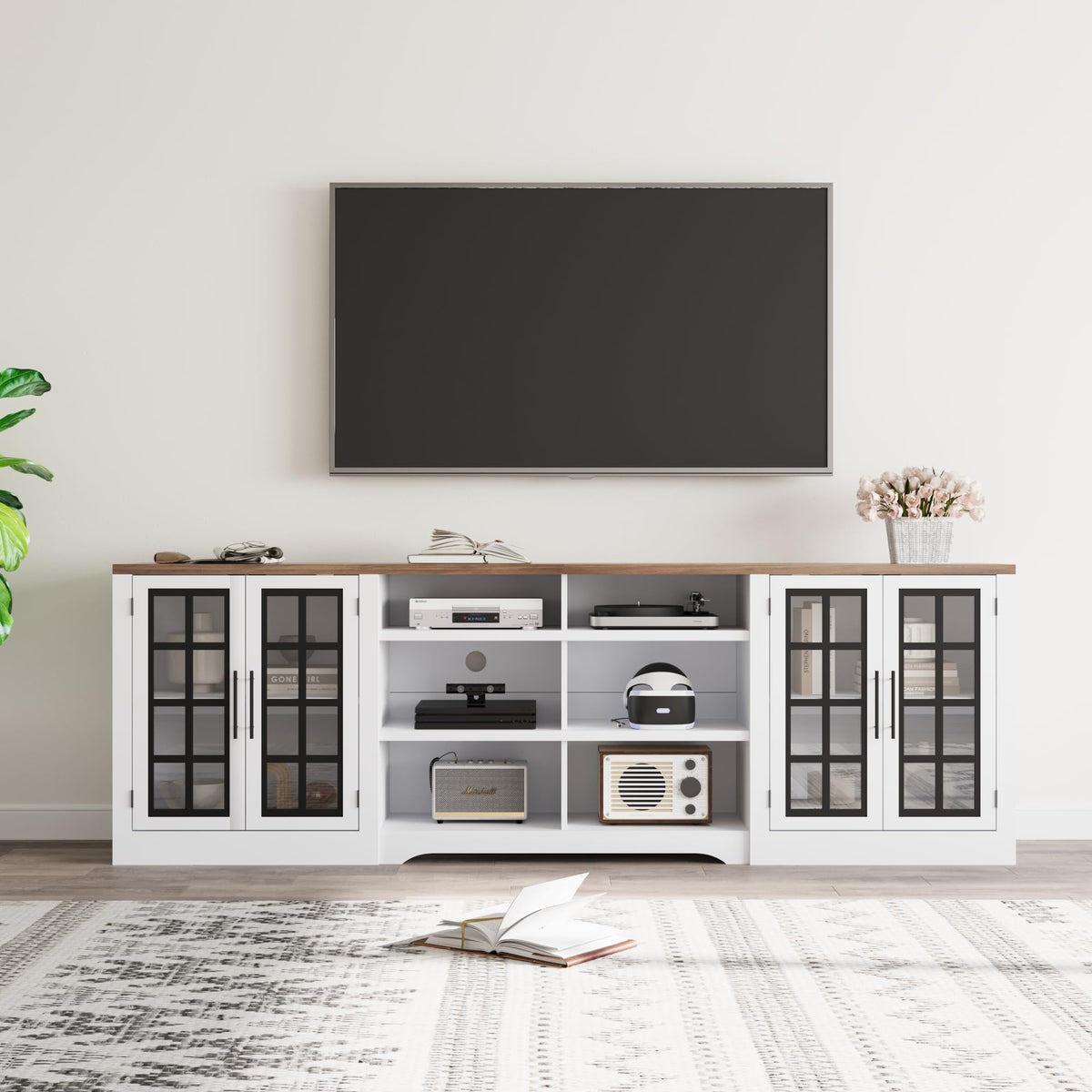 White TV Stand with Storage Cabinet and 3-Tier Open Shelves I990328