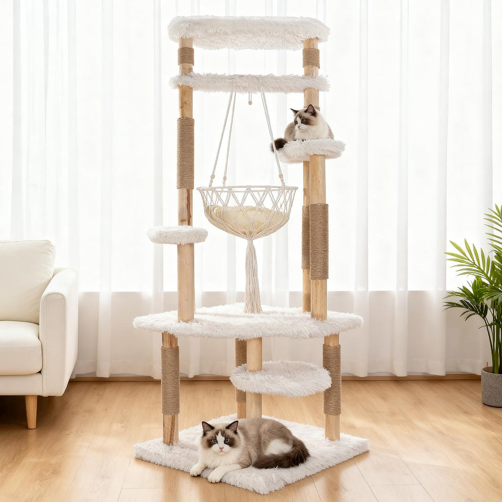 70" Tall Natural Solid Wooden Cat Tree Tower with Scratch Posts T43831