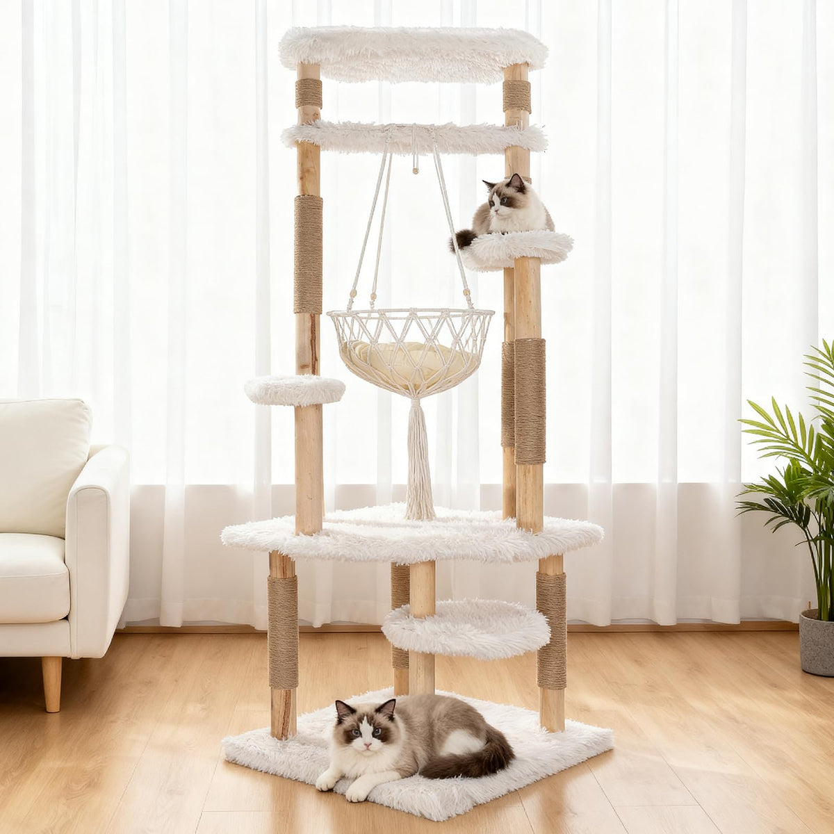 70" Tall Natural Solid Wooden Cat Tree Tower with Scratch Posts T43831