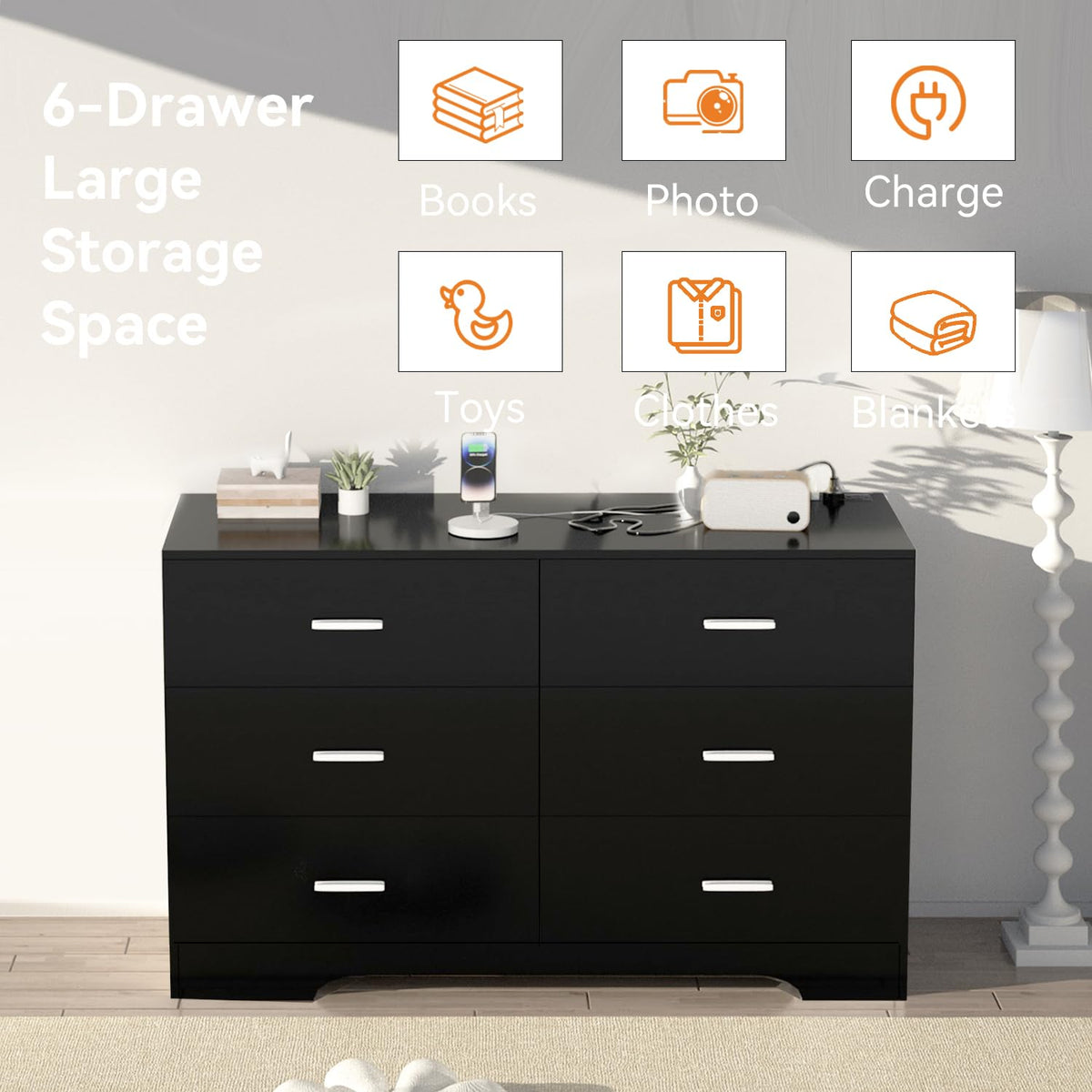 Black 6 Drawer Wood Dresser with Power Outlets H204