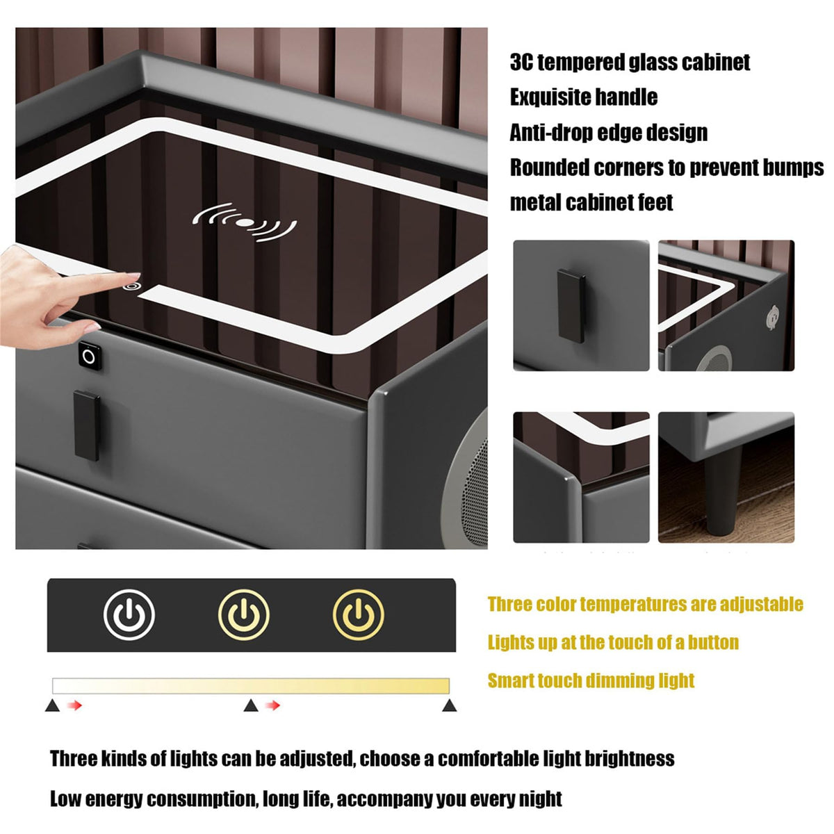 Pink 3 Drawer LED Nightstand with Wireless Charging M42071