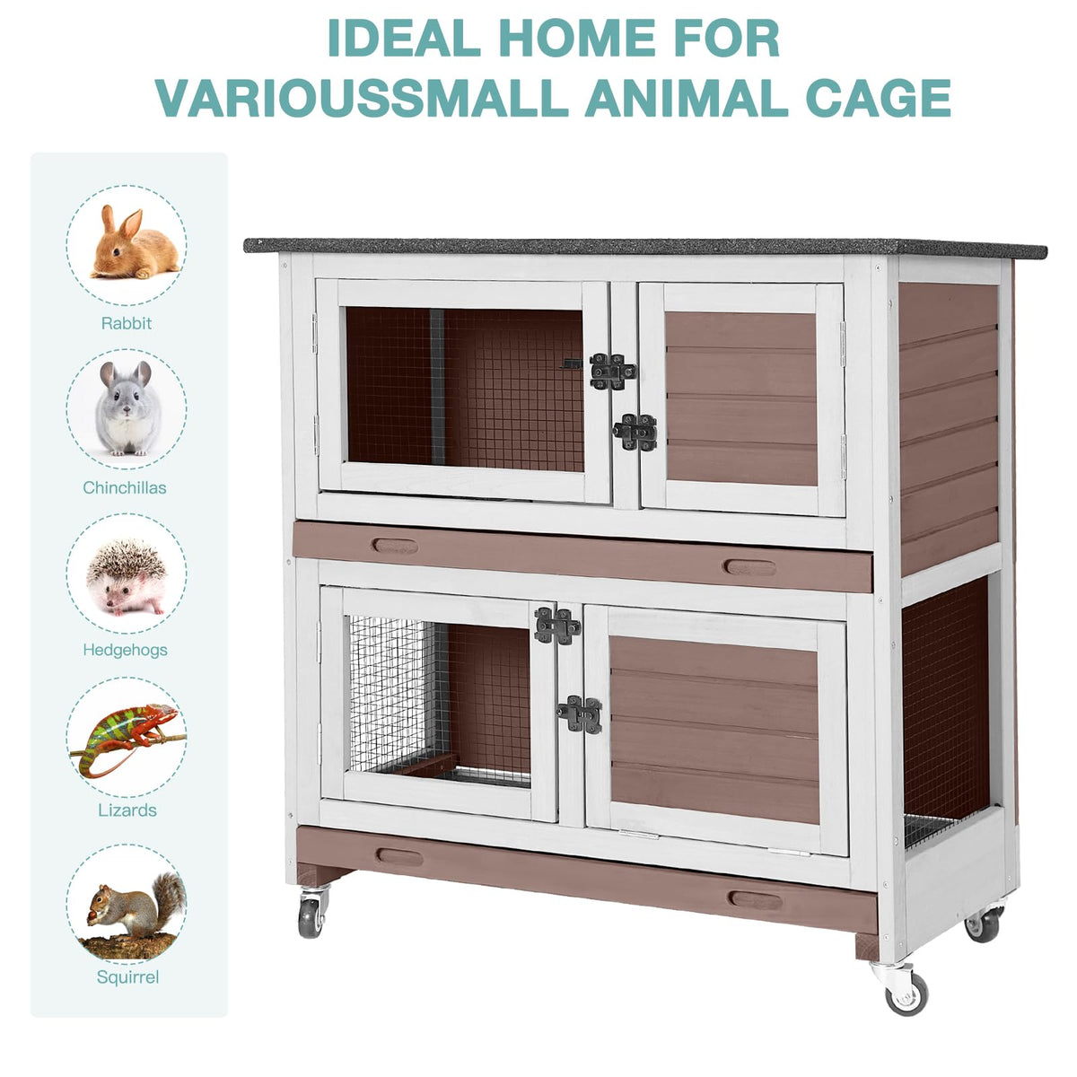 2-Tier Wooden Rabbit Hutch with Trays Wheels 36 Inch J6885