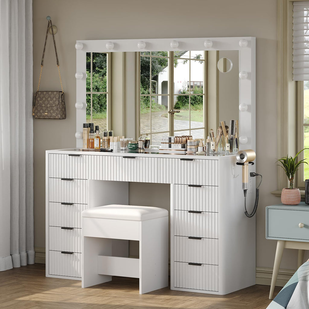 47" White Vanity Desk with 3-Color LED Mirror & 11 Drawers D211087