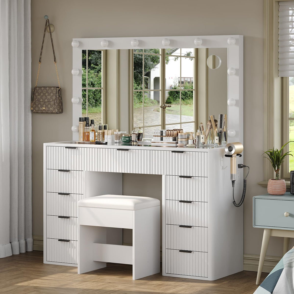 47" White Vanity Desk with 3-Color LED Mirror & 11 Drawers D211087